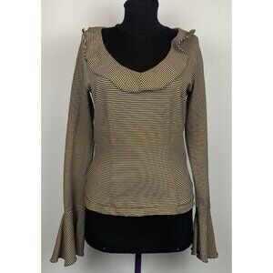 BARAMI Women’s‎ Gold/Black Striped Blouse Ruffle Collar Bell Sleeve Size Small